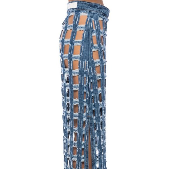 Miz Check on My Split: Square Biz Cut Out Denim Maxi Skirt Large - Picture 8 of 10